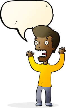 Bir insan tarafından çizilmiş konuşma baloncuğu olan korkmuş bir adam.