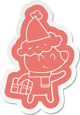 Noel hediyesi olan dişi kutup ayısı bir insan tarafından çizilmiş Noel Baba şapkası giyiyor.