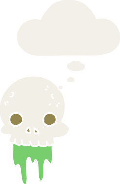 Bir insan tarafından çizilmiş eski tarz düşünce baloncuğu olan ürkütücü cadılar bayramı kafatası çizgi filmi.