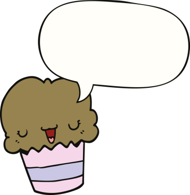 Bir insan tarafından çizilmiş, yüzü konuşma baloncuğu olan bir kek.