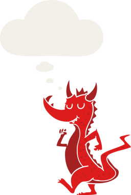 Düşünce baloncuğu olan sevimli ejderha insan tarafından çizilmiş.