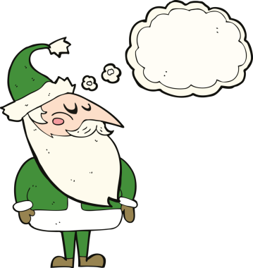 Bir insan tarafından çizilmiş düşünce baloncuklu Noel Baba çizgi filmi.