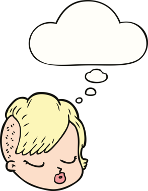 Bir insan tarafından çizilmiş düşünce baloncuklu kadın yüzü.