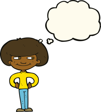 Çizgi film çocuğu, elleri kalçasında, düşünce baloncuğu çizen bir insan tarafından çizilmiş.