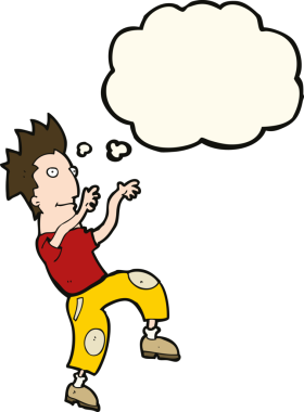 çizgi film mutlu adam bir insan tarafından çizilmiş düşünce baloncuğuyla komik dans yapıyor