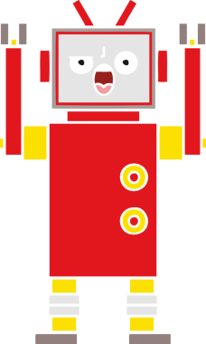 Bir insan tarafından çizilmiş kızgın bir robotun düz renkli retro karikatürü