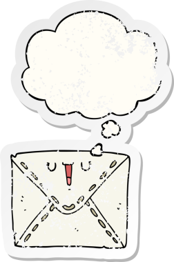 Düşünce baloncuğu olan karikatür zarfı bir insan tarafından çizilmiş yıpranmış bir çıkartma gibi.