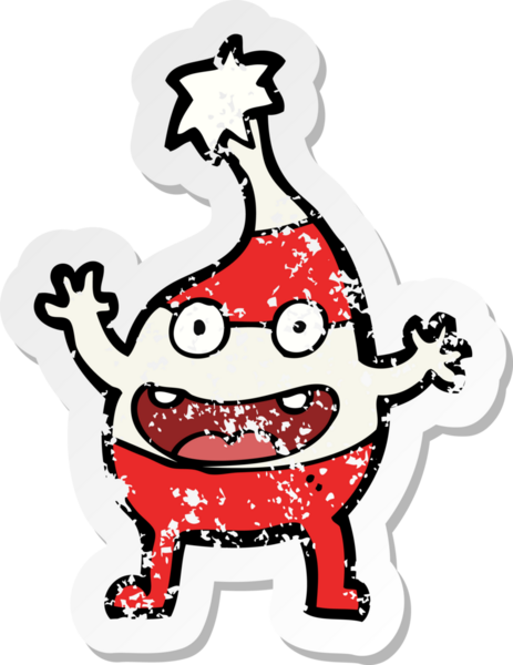 Bir insan tarafından çizilmiş komik bir Noel yaratığının retro sıkıntılı çıkartması.