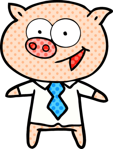 Bir insan tarafından çizilmiş ofis kıyafetleri içinde neşeli bir domuz.