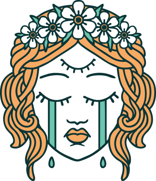 İkonik dövme stili. Üçüncü gözü ve bir insan tarafından çizilmiş çiçek taçlı kadın yüzü.