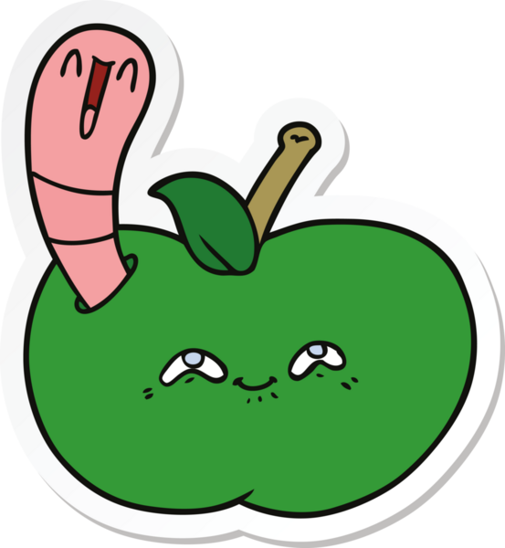 Bir insan tarafından çizilmiş mutlu bir elmanın içindeki solucanın çıkartması.