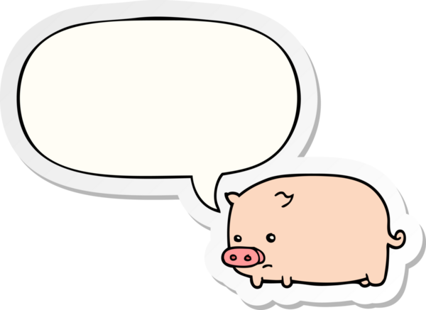 Bir insan tarafından çizilmiş baloncuk çıkartmalı şirin çizgi film domuzu.