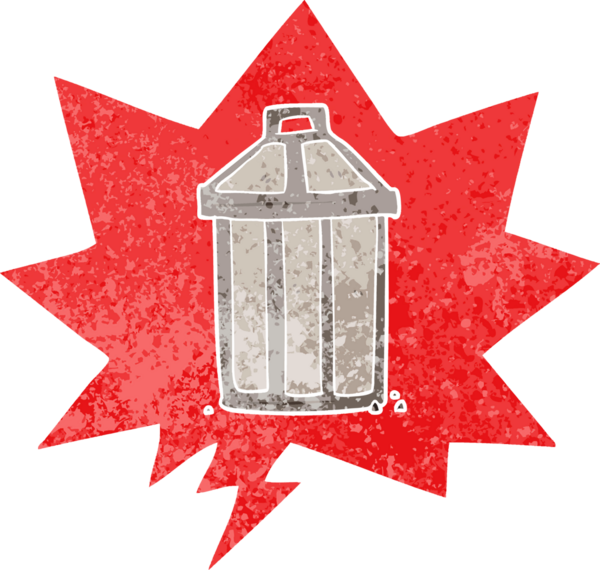 Bir insan tarafından çizilmiş grunge sıkıntılı retro desenli konuşma baloncuklu çizgi film çöp kutusu