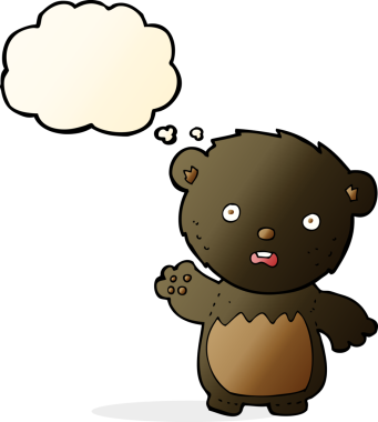 Bir insan tarafından çizilmiş düşünce baloncuğu olan endişeli bir kara ayı.