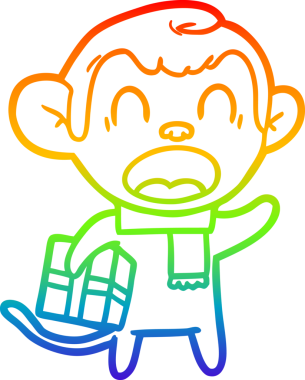 Bir insan tarafından çizilmiş Noel hediyesi taşıyan bağıran çizgi film maymunu çizimi.