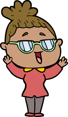 Bir insan tarafından çizilmiş gözlüklü mutlu kadın çizgi filmi.