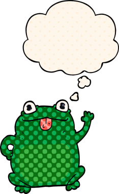 Çizgi roman tarzında düşünce baloncuğu olan çizgi film kurbağası.