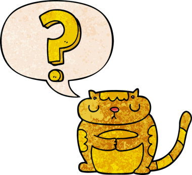 bir insan tarafından çizilmiş eski dokuda konuşma baloncuğu ile soru işareti olan çizgi film kedisi