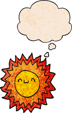 Bir insan tarafından çizilmiş grunge desenli düşünce baloncuklu çizgi film güneşi.