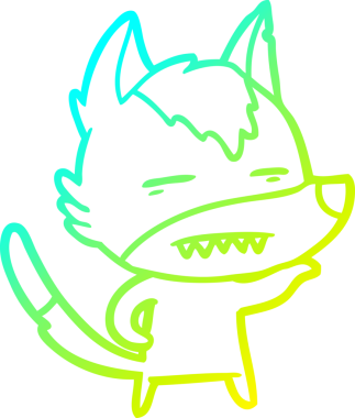 Bir insan tarafından çizilmiş dişleri gösteren çizgi bir kurt çizimi.