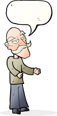 Bir insan tarafından çizilmiş, bıyıklı yaşlı bir çizgi film karakteri.