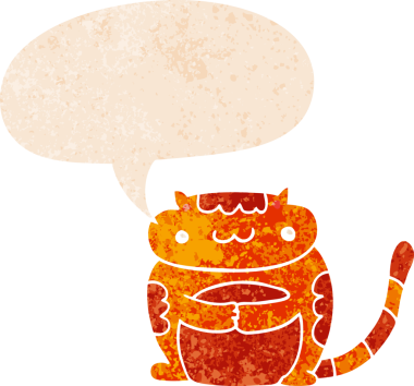 Grunge 'da konuşma baloncuğu olan sevimli çizgi film kedisi bir insan tarafından çizilmiş sıkıntılı retro dokuma tarzı