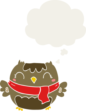 Bir insan tarafından çizilmiş düşünce baloncuğu olan sevimli çizgi film baykuşu.