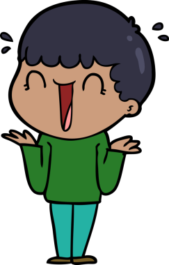 Bir insan tarafından çizilmiş omuzlarını silkeleyen gülen çizgi film adamı.