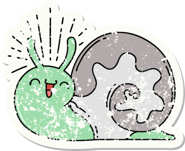 Dövme stili eski bir çıkartma. Bir insan tarafından çizilmiş mutlu salyangoz.