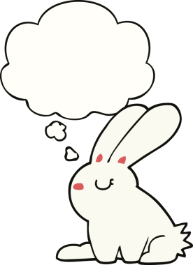 Bir insan tarafından çizilmiş düşünce kabarcığı olan çizgi film tavşanı.