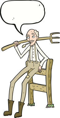 Bir insan tarafından çizilmiş konuşma balonuyla çitlere yaslanan yaşlı çiftçi çizgi filmi.