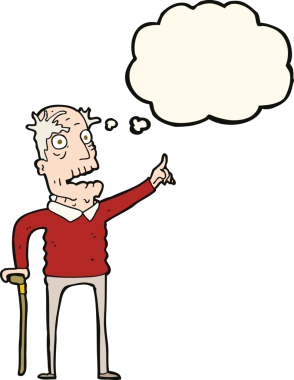 Bir insan tarafından çizilmiş düşünce balonuyla yürüyen yaşlı bir adam.