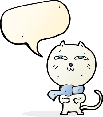 Bir insan tarafından çizilmiş konuşma balonlu eşarp giyen komik bir kedi.