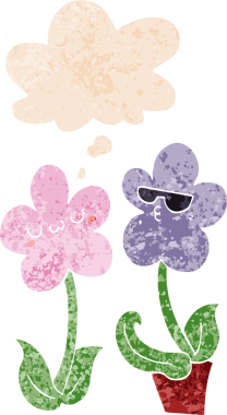 Düşünce baloncuğu ve grunge ile sevimli karikatür çiçek bir insan tarafından çizilmiş sıkıntılı retro doku