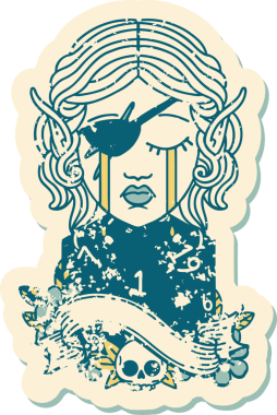 Retro Dövme Tarzı Hüzünlü elf karakteri yüzü ve bir insan tarafından çizilmiş bir d20 rulosu.