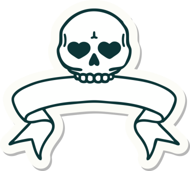 Bir insan tarafından çizilmiş kafatasının pankartıyla dövme stili etiketi