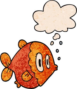 Bir insan tarafından çizilmiş grunge desenli düşünce baloncuklu çizgi film balığı.