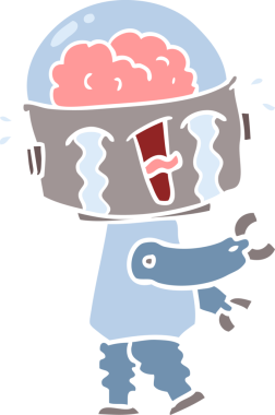 Bir insan tarafından çizilmiş düz renkli karikatür ağlayan robot.