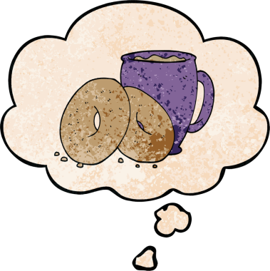 Bir insan tarafından çizilmiş grunge desenli düşünce baloncuklu kahve ve çörek.