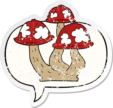 Konuşma baloncuklu mantarlar bir insan tarafından çizilmiş sıkıntılı eski bir çıkartma.