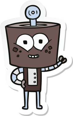 Bir insan tarafından çizilmiş mutlu çizgi film robotunun çıkartması.