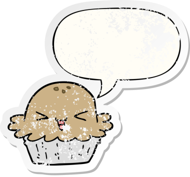 Konuşma baloncuğu olan şirin bir çizgi film pastası bir insan tarafından çizilmiş sıkıntılı eski bir çıkartma.