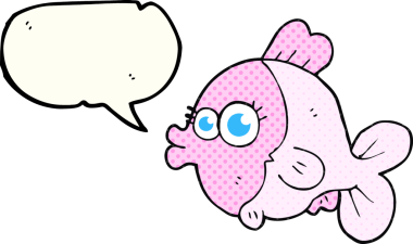 Bir insan tarafından çizilmiş büyük, güzel gözleri olan komik el yazısıyla çizilmiş çizgi roman konuşma balonu balığı.