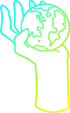 Bir insan tarafından çizilmiş tüm dünyayı tutan bir çizgi elin soğuk gradyan çizimi.