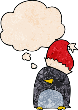 Bir insan tarafından çizilmiş grunge desenli düşünce baloncuğu olan şirin noel penguenleri.