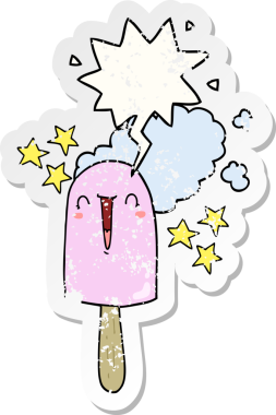 Tatlı buz lolipopu, konuşma baloncuğu, bir insan tarafından çizilmiş sıkıntılı eski bir çıkartma.