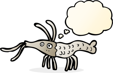 Bir insan tarafından çizilmiş düşünce baloncuklu karides.