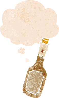 Düşünce baloncuklu çizgi film bira şişesi grunge sıkıntılı retro tarzı bir insan tarafından çizilmiş