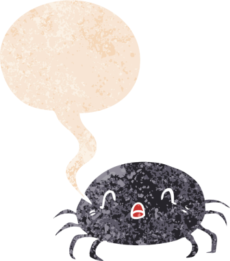 çizgi film örümceği, konuşma baloncuğu ve grunge dertli eski moda bir insan tarafından çizilmiş.