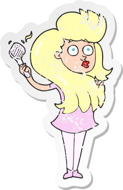 Bir insan tarafından çizilmiş saçlarını tarayan bir karikatür kadının gerilimli retro yapıştırması.